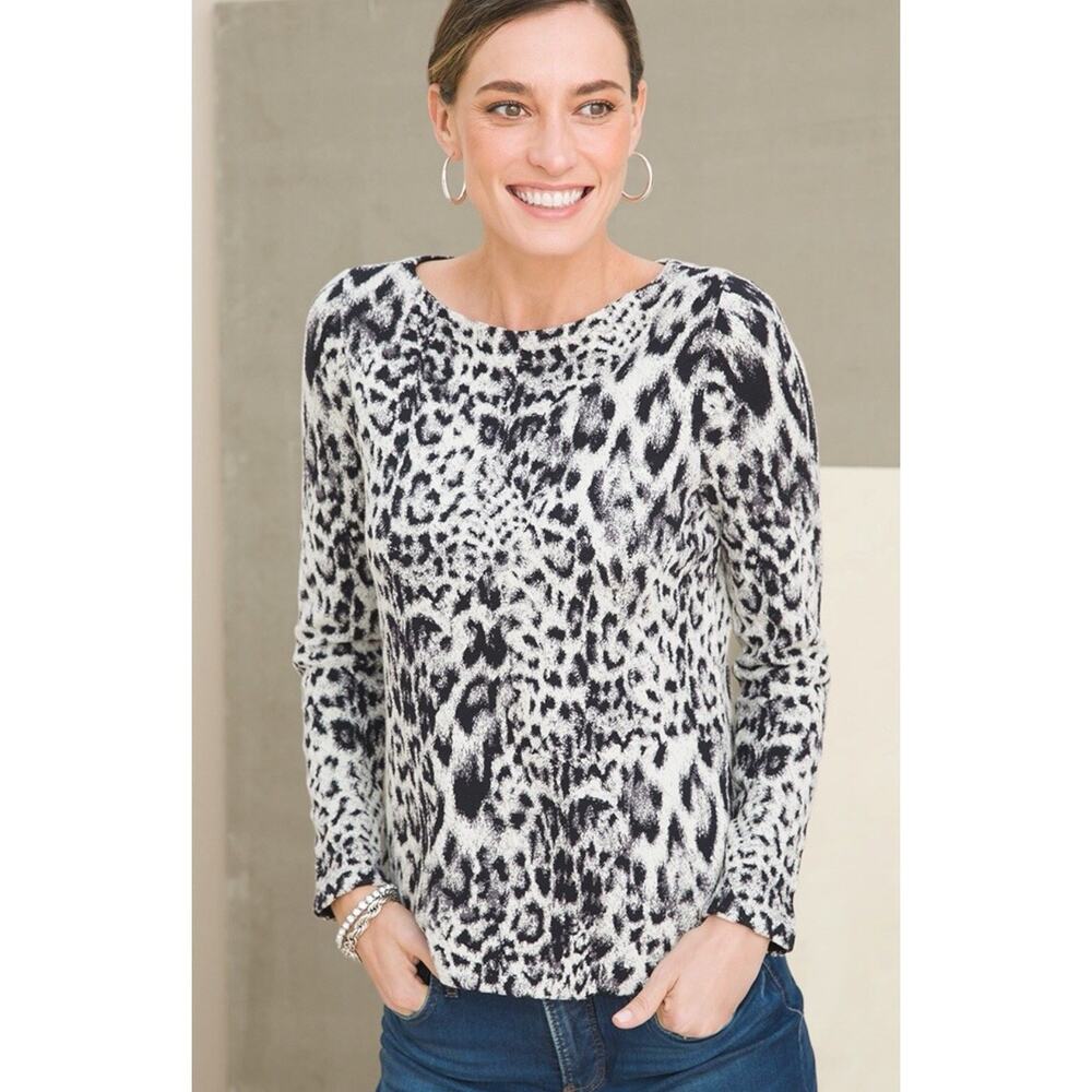 Chico's 1 Medium Black Textured Animal Print sweater cottagecore festival y2k